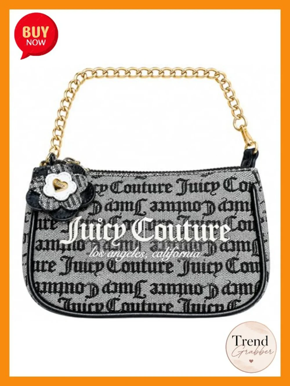 Convertible Wristlet Handbag with Gold Chain Strap, Floral Charm, Woven Jacquard